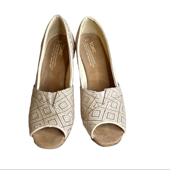 Toms Stella Beige Diamond Print Peep Toe Wedge Cork Heels - Picture 6 of 16